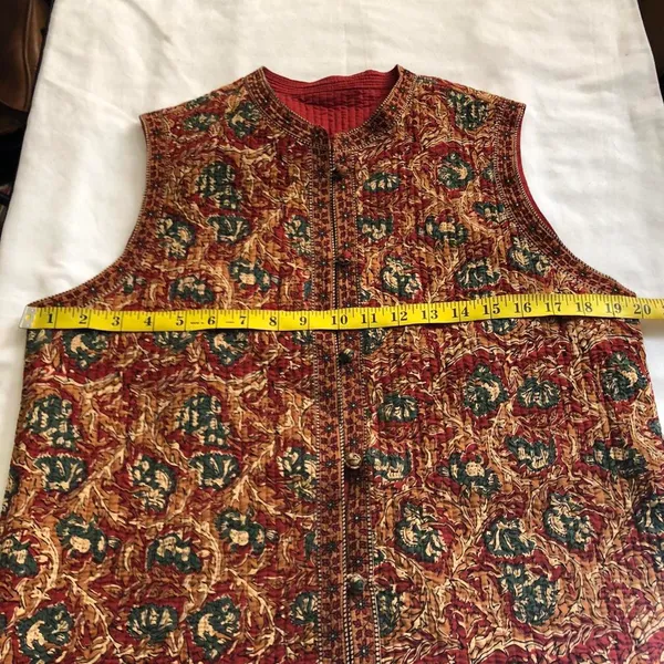 90s Retro Vintage red orange green brown paisley quilted vest sleeveless jacket tunic mock neck Size L, measurement in pics #boho #whimsygoth - Image 4