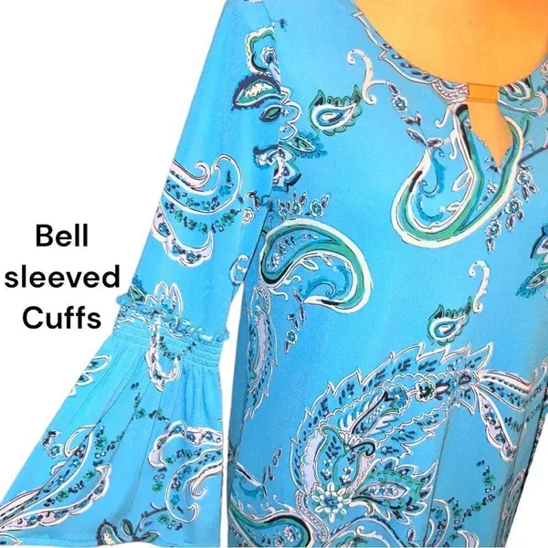 Dana Buchman pretty turquoise blue paisley stretchy top with bell sleeves - Image 2