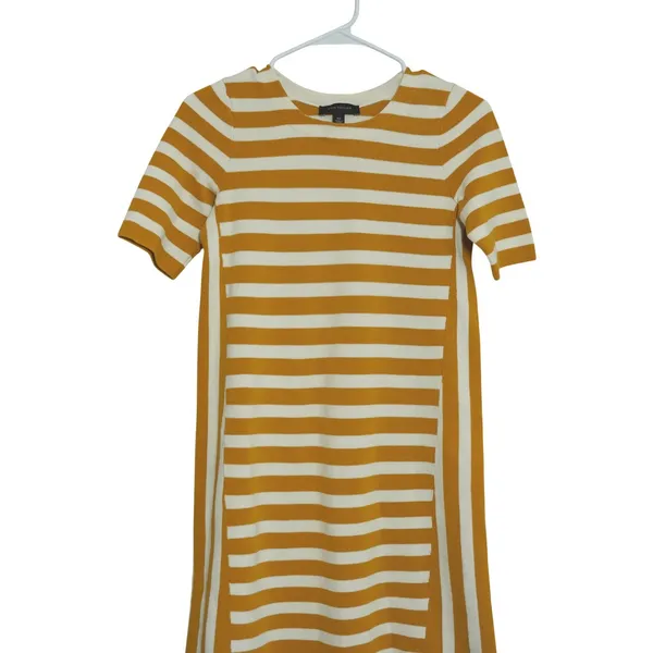 Ann Taylor Size XS Sheath Dress Mustard Yellow Striped Cotton‎ Knit Short Sleeve - Image 2