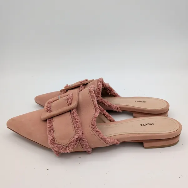 Schutz Mileni Pink Leather Fringed Buckle Pointed Toe Mules Flat Shoe Women 8.5B - Image 2