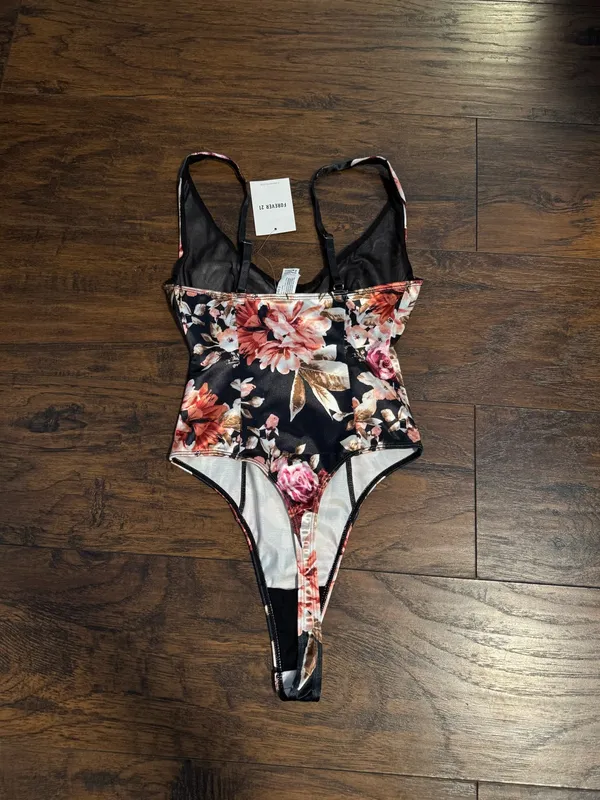 Forever 21 Black Satin Floral Bodysuit - Image 3