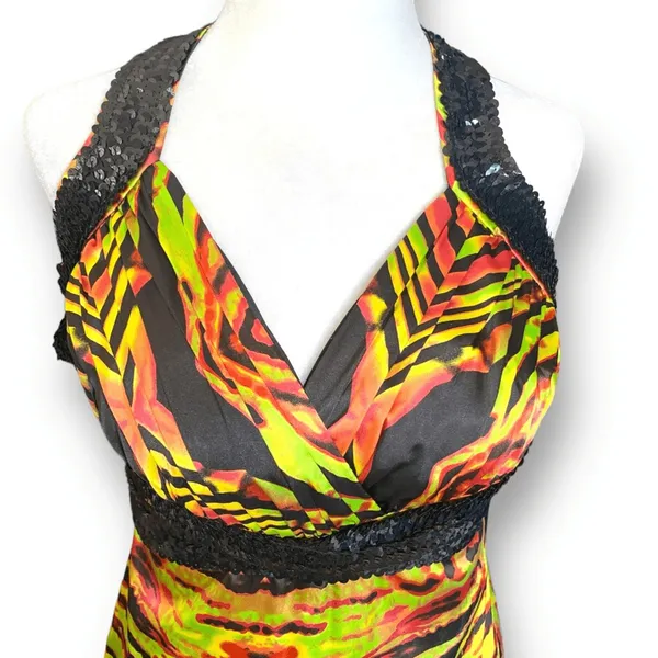 Y2K Zum Zum Niki Livas Neon Animal Print Sequin Halter Maxi‎ Dress XS Open Back - Image 4