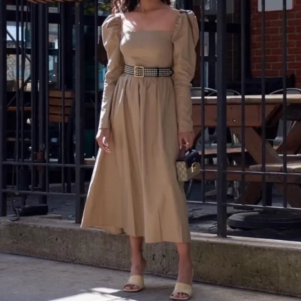 Reformation Luce Long Sleeve Midi Dress in Khaki Tan - Image 2