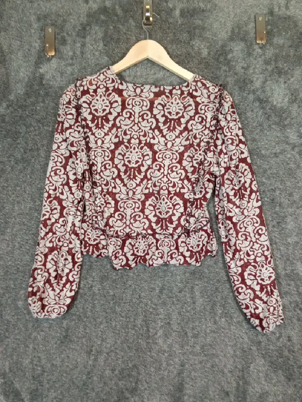Anthropologie Jacquard Peasant Blouse Burgundy Sheer Ballon Sleeves Boho - Image 6