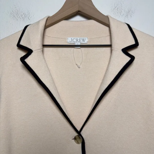 J. Crew Women Knit Blazer Cardigan Jacket‎ Small Beige Tipped Contrast Office - Image 4