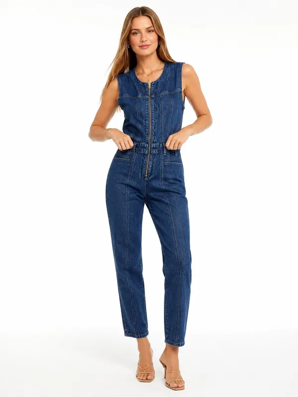Universal Threads Tailored Denim Zip Front Sleeveless Jumpsuit Dark Wash Size 8 - Image 5