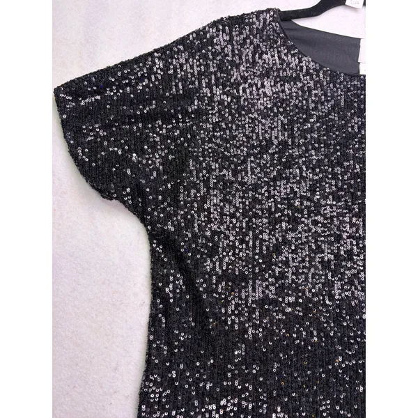 H&M Sequin Top Women Small Black Sparkly Short Sleeve Party Blouse - Image 3