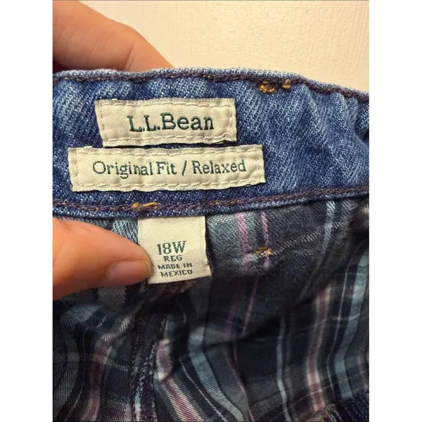 L.L.Bean Original Fit Relaxed 100% Cotton Plaid Lined Elastic Waist Jeans SZ 18W - Image 3