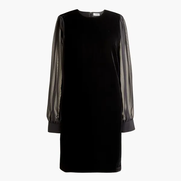 NWT JCrew Black Velvet mini dress sheer sleeves 6 tear above pocket needs repair - Image 4