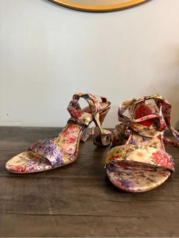 Express Floral Lace-Up Heels Size 8 | Garden Party Strappy Stiletto Sandals - Image 2