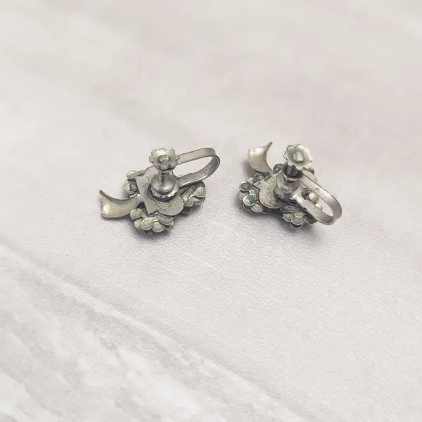 Vintage Screw On Earrings Design Silver Tone & Turquoise Tone 7/8" - Image 5