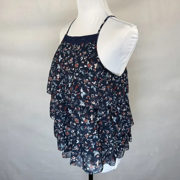 Abercrombie & Fitch Tank Sz S Navy Sheer Floral Ruffled Lace Trim Racerback - Image 3