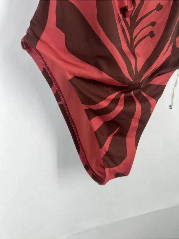 Vitamin A Rust and Dark Brown Botanical Tie-Shoulder One-Piece - Image 4