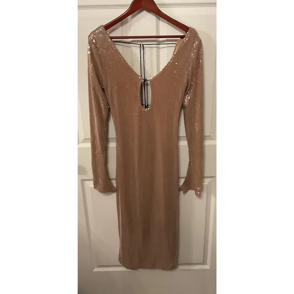 NWOT Meilun Deep V Dress Drawstring Long Sleeve Sequin Dress Long Gown, sz M - Image 8