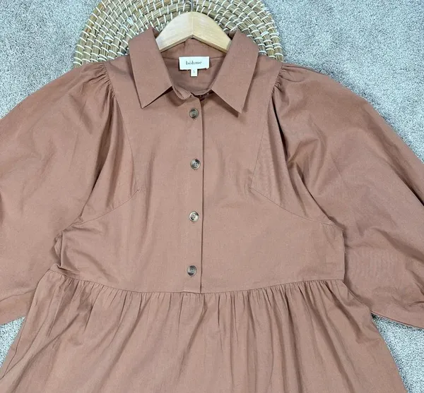 Bohme Makayla Mini Dress Smocked Balloon Sleeve Button Ruffle Tiered in Clay S - Image 3