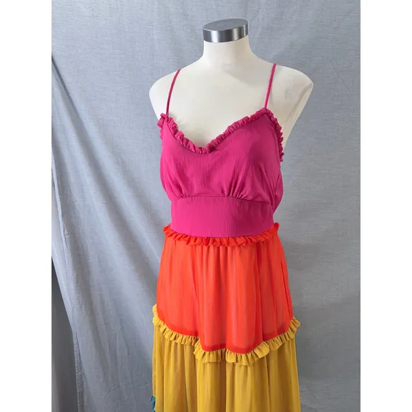 Sadie & Sage Maxi Dress Multicolor Colorblock Tiered Ruffle Boho Medium - Image 2