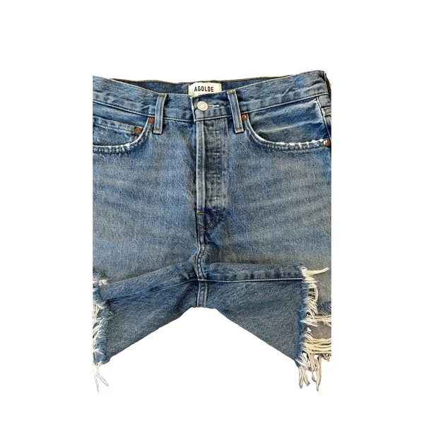 AGOLDE Parker Long High Rise Distressed Denim Shorts Button Fly Blue Size 24 - Image 8