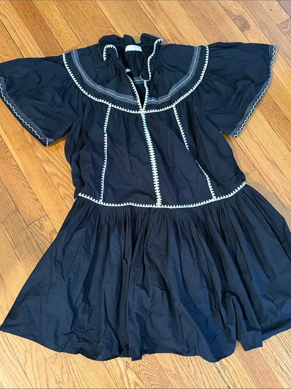 Ulla Johnson Desi pleated black embroidered v neck mini Dress 6 - Image 2