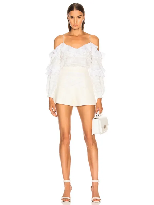 Alexis Damini White Off Shoulder Ruffle Long-Sleeve Fringe Blouse Shirt Top - Image 3
