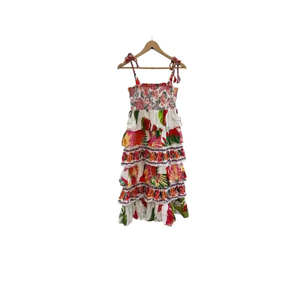 Farm Rio Mixed White Prints Layered Dress M Tropical Floral Tiered Linen Smocked - Image 8