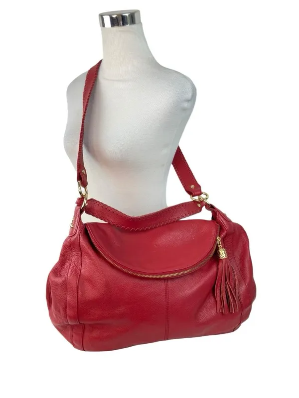 -ONNA EHRLICH RACHEL Red Pebbled Leather Large Hobo Bag Purse Tassle Designer - Image 5