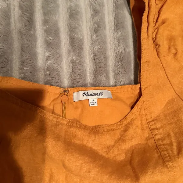 Madewell‎ Maisie Square Neck Linen Mini Dress Orange Marigold Size 14 - Image 4