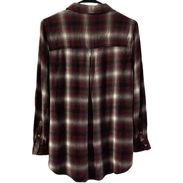 American Eagle Brown & White Plaid Flannel Button Down Hi-Lo Top Small - Image 2