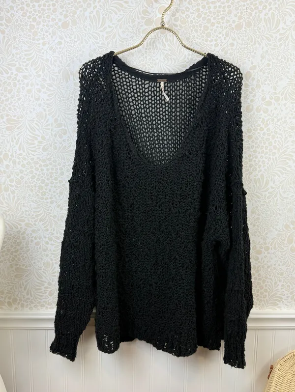 Free People Black Oversized Knit Sunday Shore Pullover - Size - Medium - Image 3