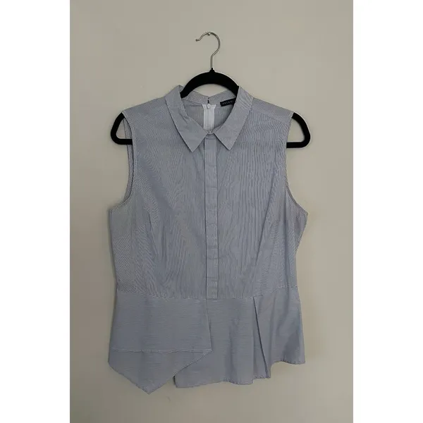 Antonio Melani Blouse Size L Blue and Navy Striped Asymmetrical Peplum Top - Image 4