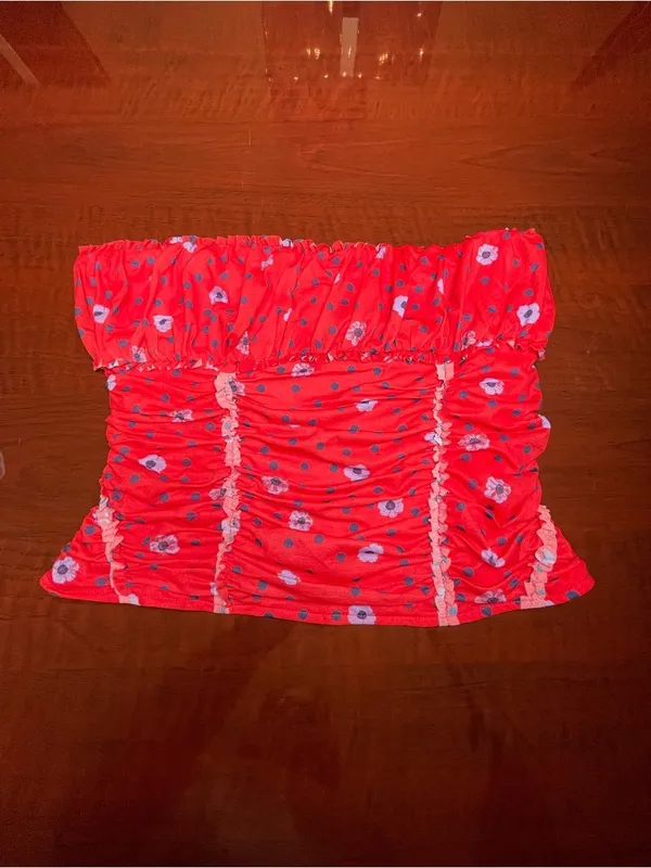 Free People Red Scottie Printed Tube Sleeveless Top Stretchy Sz L BarbieCore - Image 3
