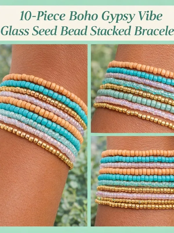 Festival Vibrant 10 Strands Boho Coastal Beach Vibes Stretch Bracelet - Image 2