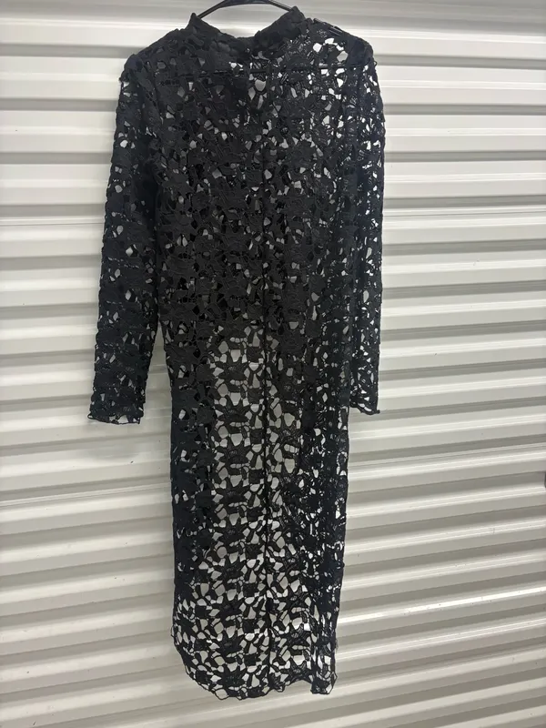 Pretty Garden Womens Black Lace Sheer Layered Round Neck Long Sleeve Midi S - Image 5