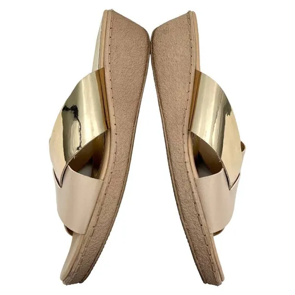 Sary Metallic Gold and Beige Tan Open Toe Wide Strap Slide Sandal Size 7 - Image 5