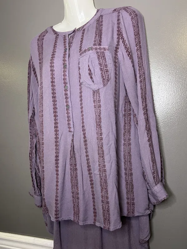 Free People Blouse Womens Medium Purple Striped Henley Long Sleeve Tunic Top - Image 6