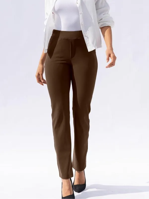 VOOVEEYA Women's Yoga Straight Leg Pants with Pockets High Waisted Brown. Size L - Image 5