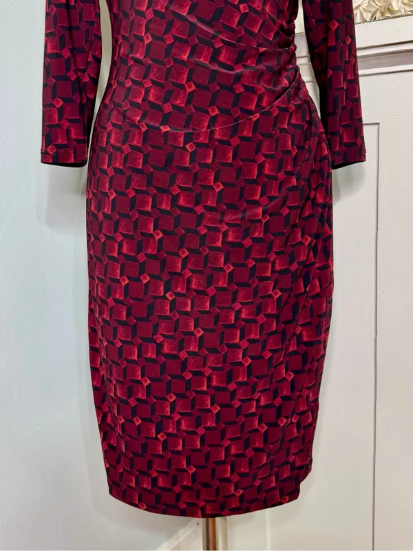 Lauren Ralph Lauren Faux Wrap Sheath Dress Burgundy Black Geometric Ruched Sz 6 - Image 4