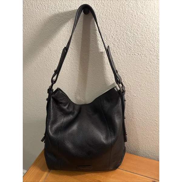 Tahari ASL Black Pebbled Leather Slouchy Hobo Shoulder Bag Adjustable Strap - Image 2