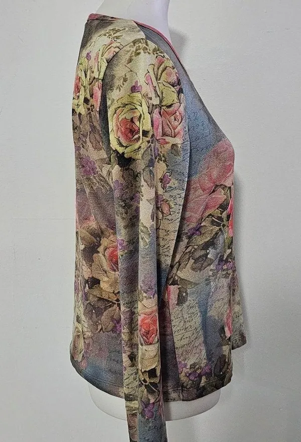 Vintage Xcit USA 90s Blue Mult Floral Mesh Vneck Bell Sleeve Blouse Size Medium - Image 3