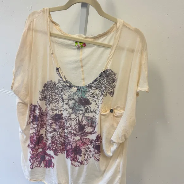 RARE Free People Floral Graphic Oversized Tee Cream Purple Boho Scoop Neck Large - Image 3