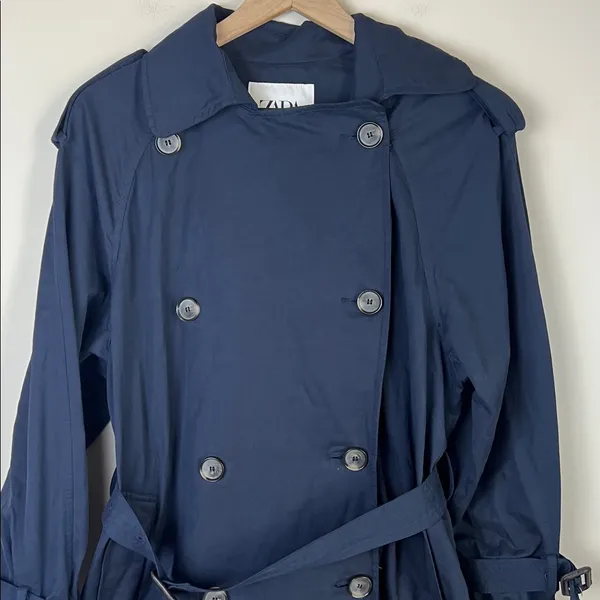 Zara Belted Trench Coat Double Breasted Long Navy Blue Size‎ Small - Image 2
