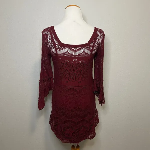 Free People Lace Mini Dress Small Burgundy Boho Bell‎ Sleeve Festival Wedding - Image 5