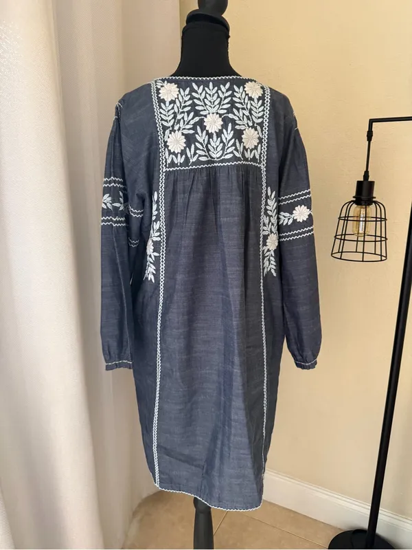 Roller Rabbit Abigail Blue Embroidered Cotton Tunic Dress Boho Medium - Image 6