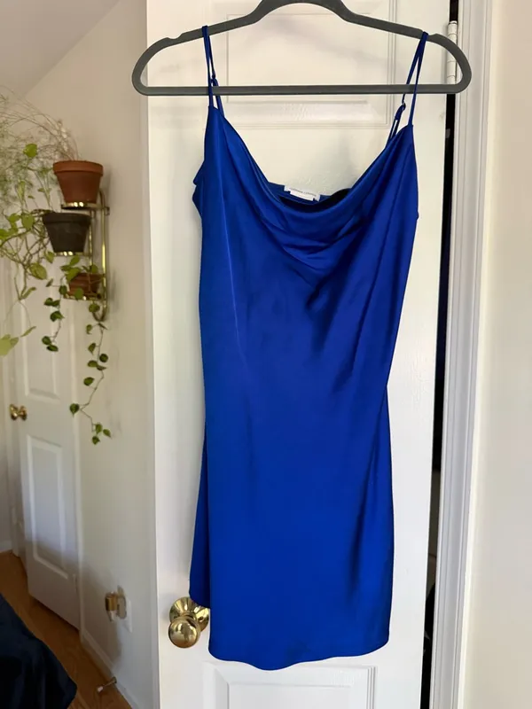 Revolve Lovers + Friends Marley Mini Dress Cobalt Blue Satin Cowl Neck - Size S - Image 7