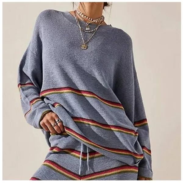 Free People Beach Mariner Knit Sweater Pants Matching Set XS Blue Striped Lounge - Image 2