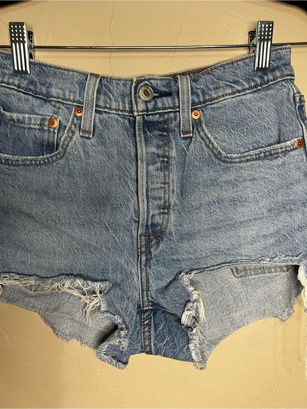 Levi’s 501 High Rise Distressed Raw Hem Button Fly Frstuval Cowgirl Denim Shorts - Image 3
