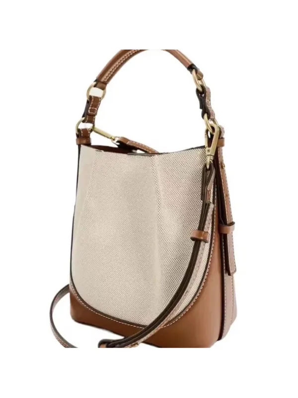 Zara NWT cream & brown Canvas & Leather Shoulder bucket Bag - Image 3