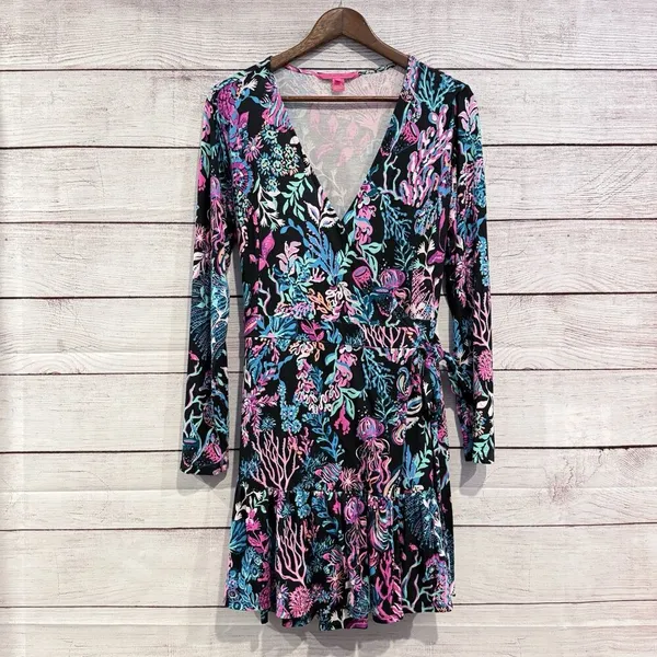 NWOT Lilly Pulitzer Multicolor Floral Wrap Romper - Pink, Blue, Teal! Size Large - Image 3