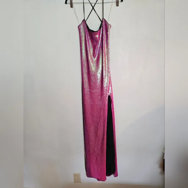 Lulu's Glam Diva Iridescent Hot Pink Sequin Lace-Up Maxi Dress - Image 3