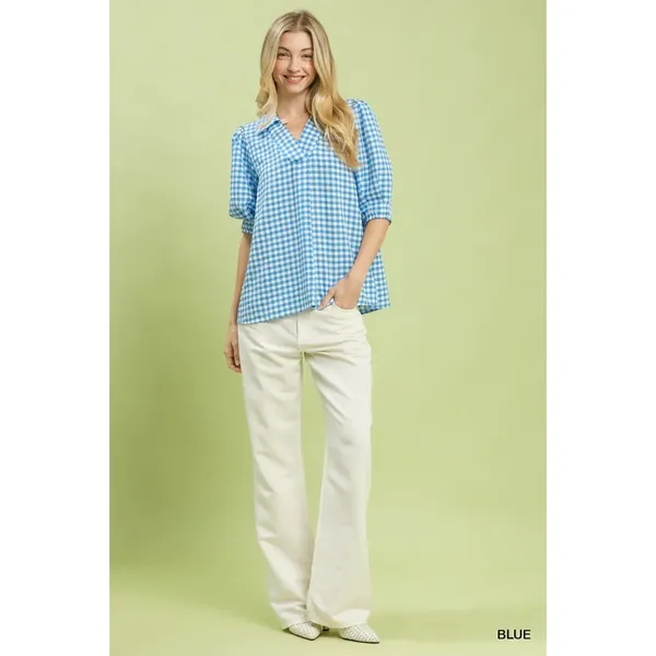 Umgee Gingham Puff Sleeve Collared Blouse - Blue -‎ Small - Image 5