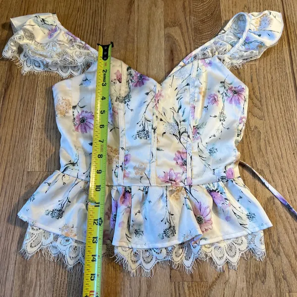 Floral Lace Corset Peplum Top Cream Purple Cottagecore Flutter Sleeve Bustier - Image 4
